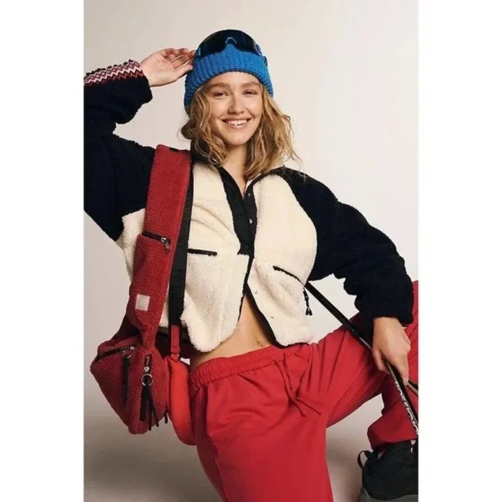 Free People Teddy Jacket in Cream, Black & Red with Zigzag Trim